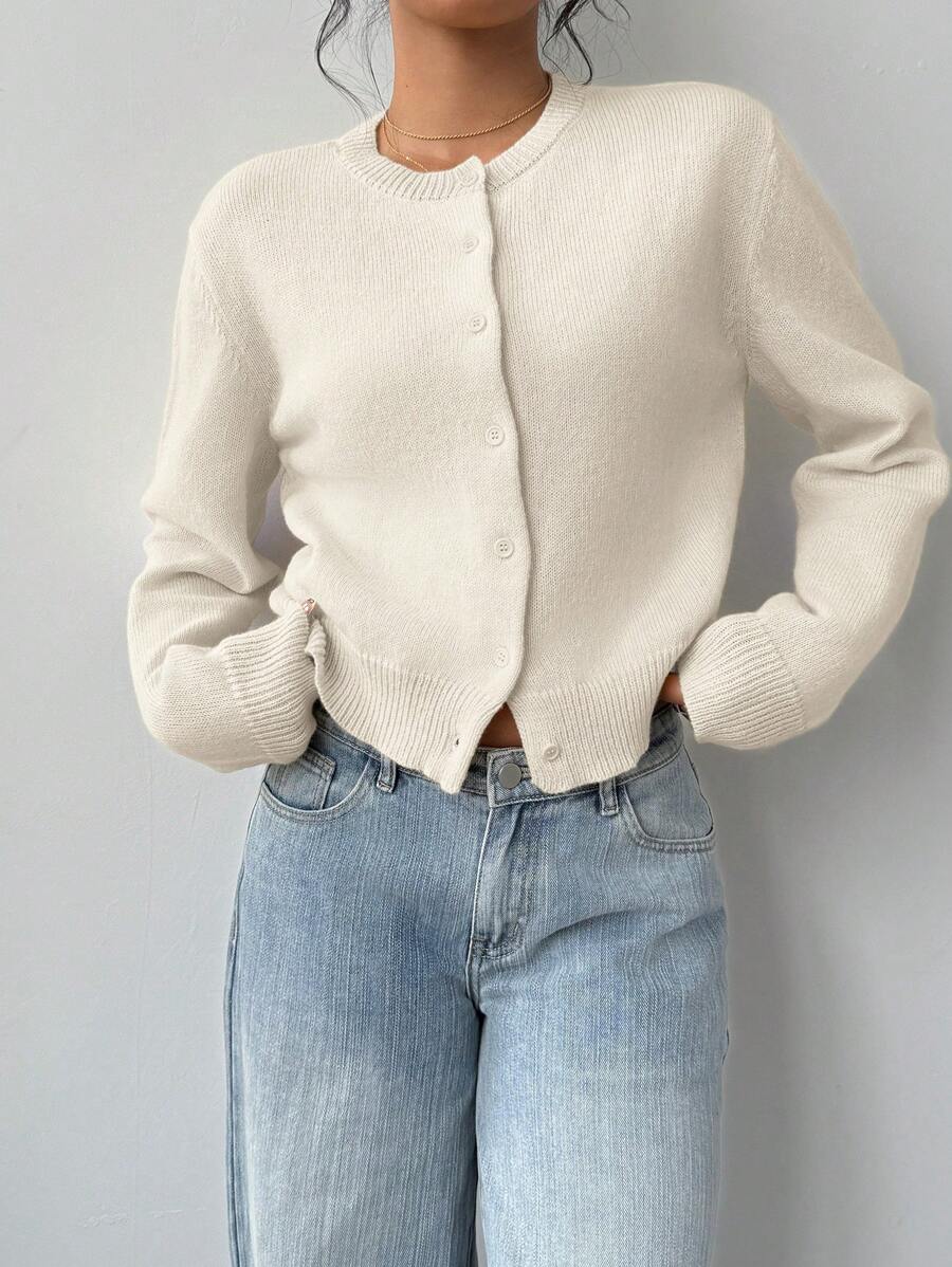 Adeline | Round Neck Button Front Cardigan, Cropped Everyday Knit 2