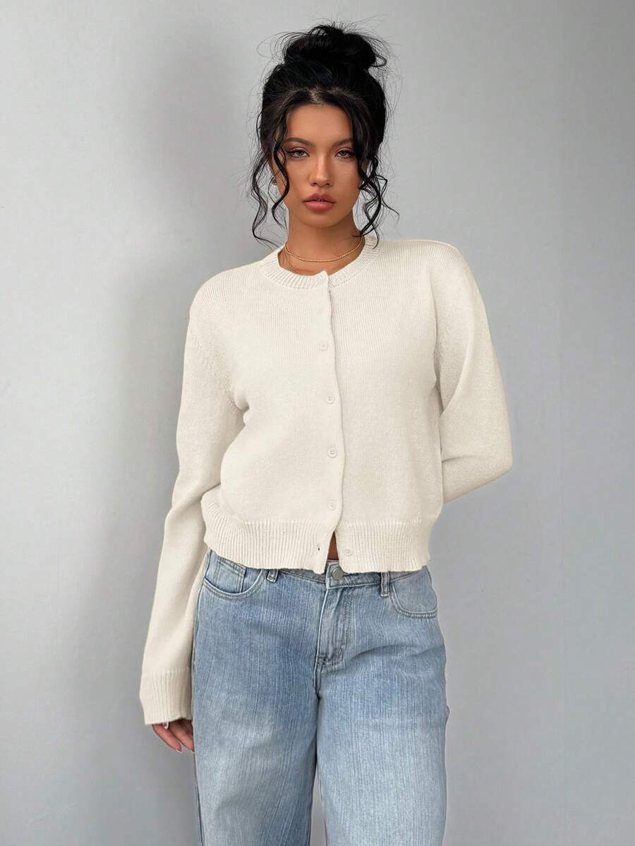 Adeline | Round Neck Button Front Cardigan, Cropped Everyday Knit 4