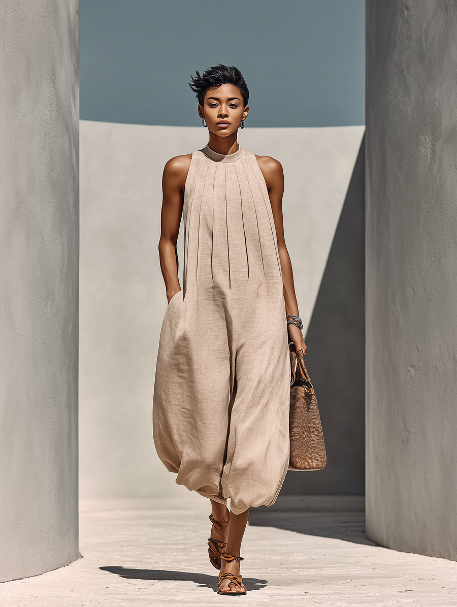 Breezy | Gathered Round Neck Linen Jumpsuit 1