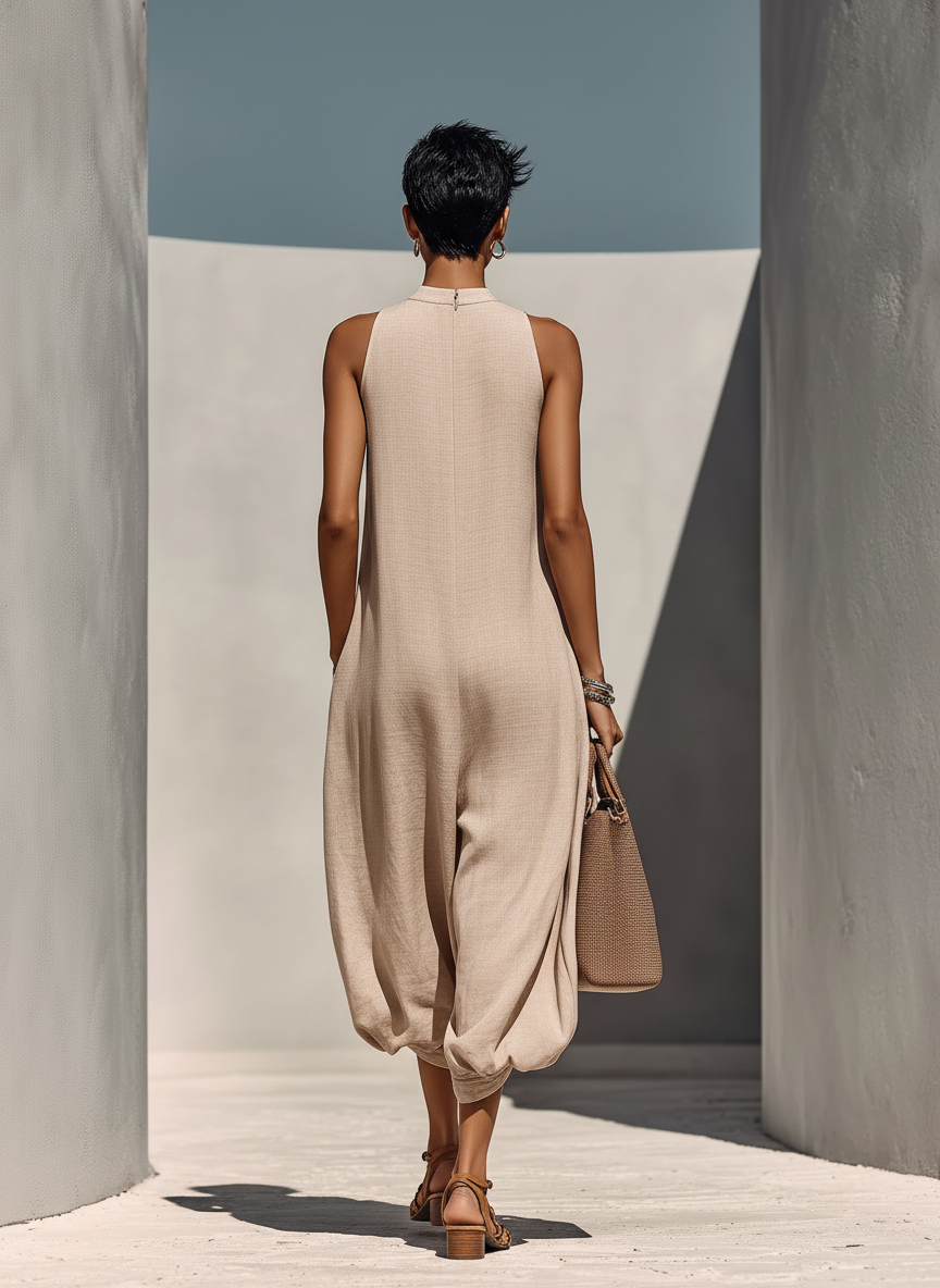 Breezy | Gathered Round Neck Linen Jumpsuit 4