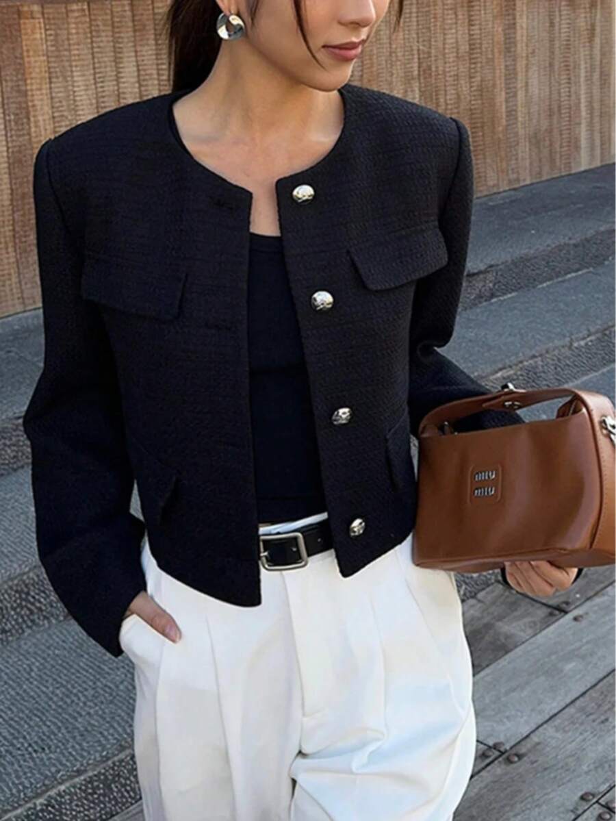 Brynlee | Round Neck Textured Button Front Jacket, Cropped Elegant Coat 0