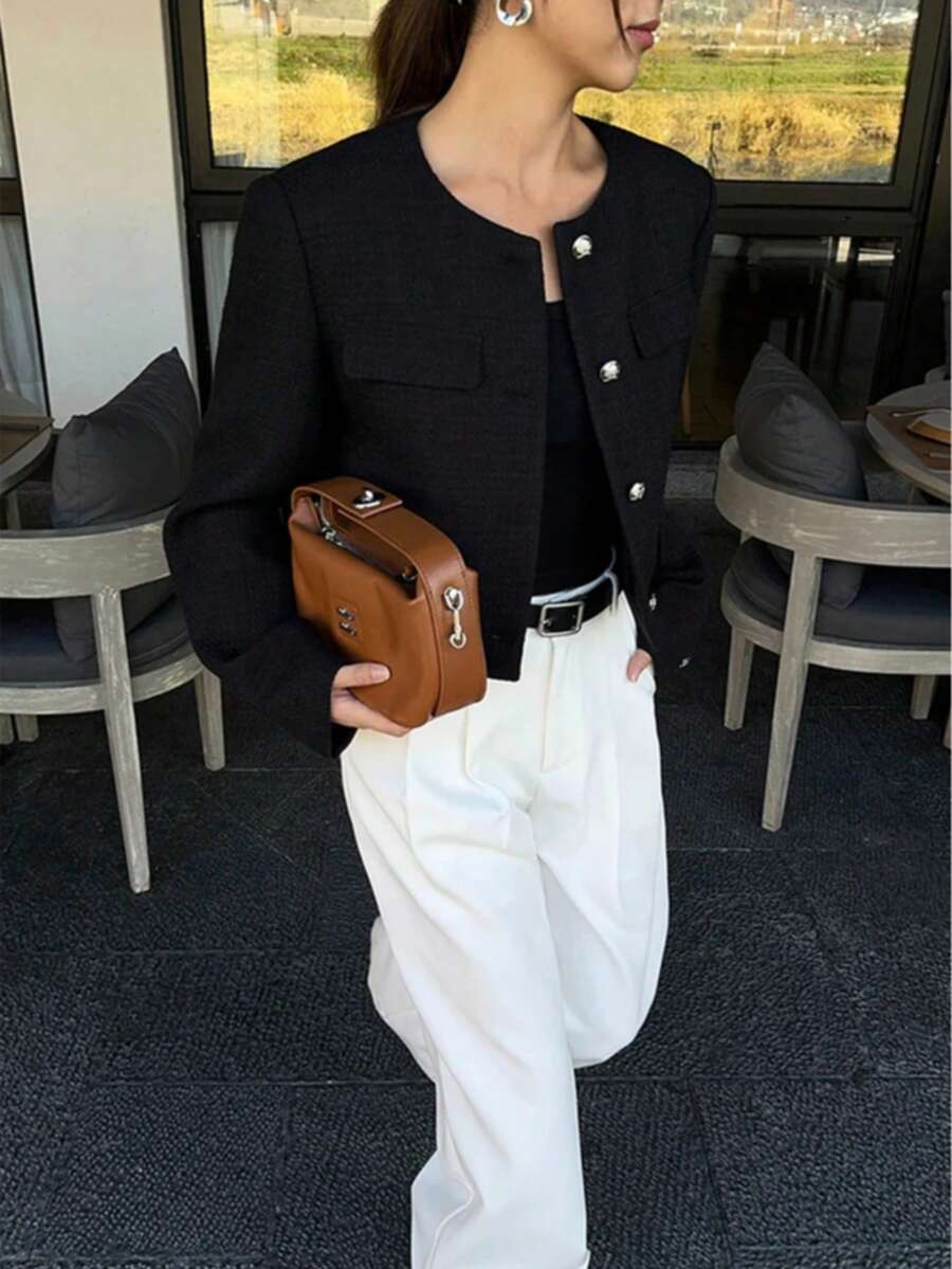 Brynlee | Round Neck Textured Button Front Jacket, Cropped Elegant Coat 3