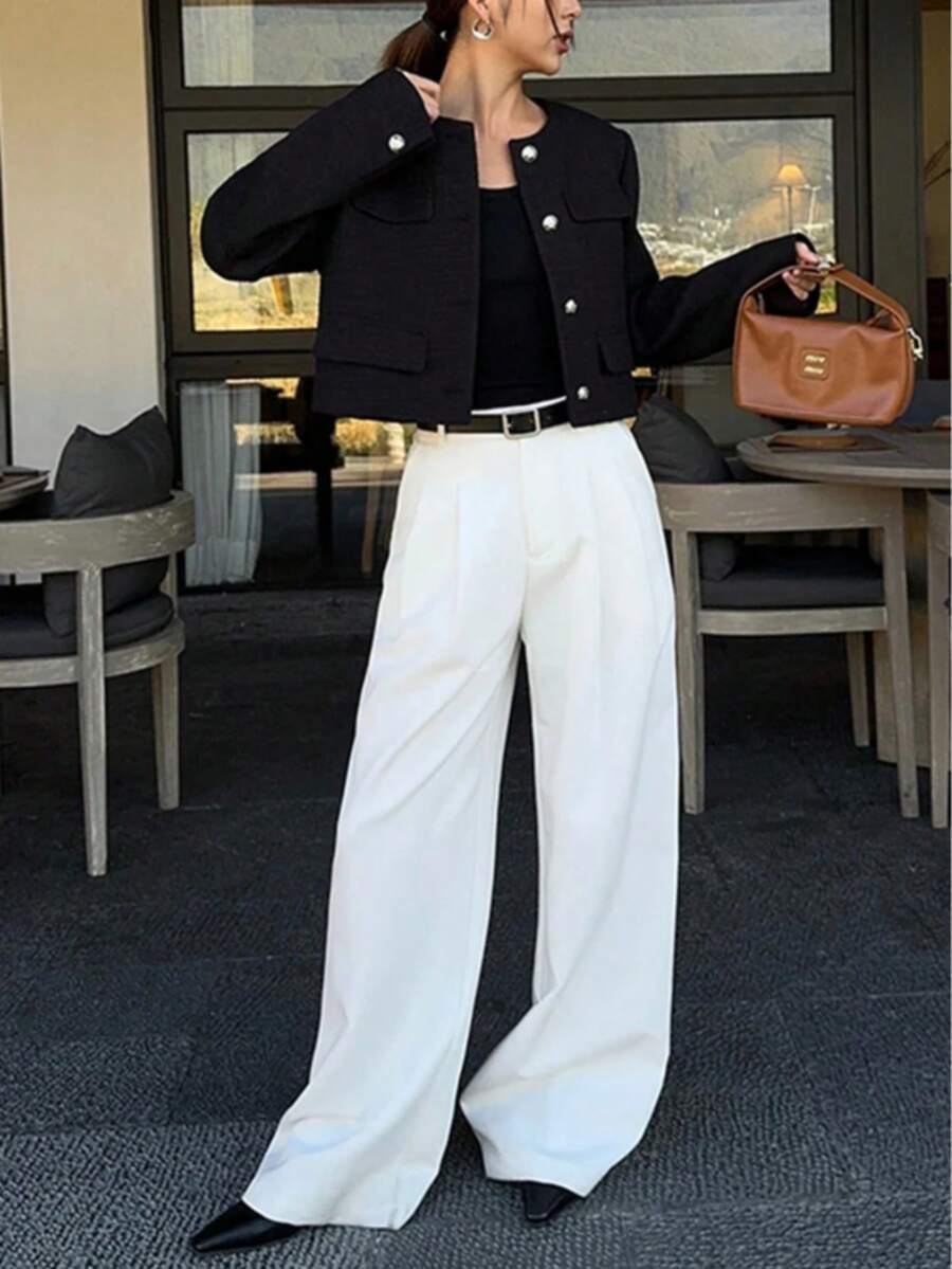 Brynlee | Round Neck Textured Button Front Jacket, Cropped Elegant Coat 4
