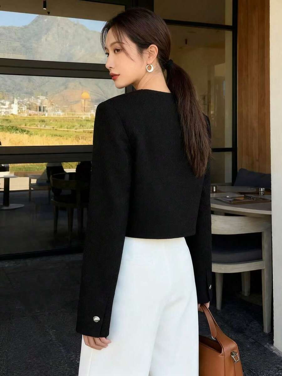 Brynlee | Round Neck Textured Button Front Jacket, Cropped Elegant Coat 5