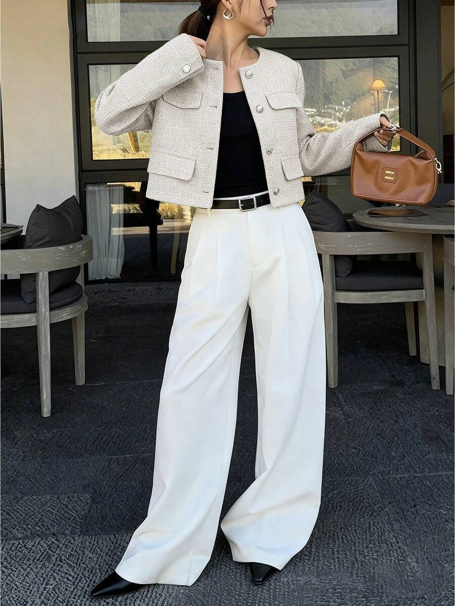 Brynlee | Round Neck Textured Button Front Jacket, Cropped Elegant Coat 6