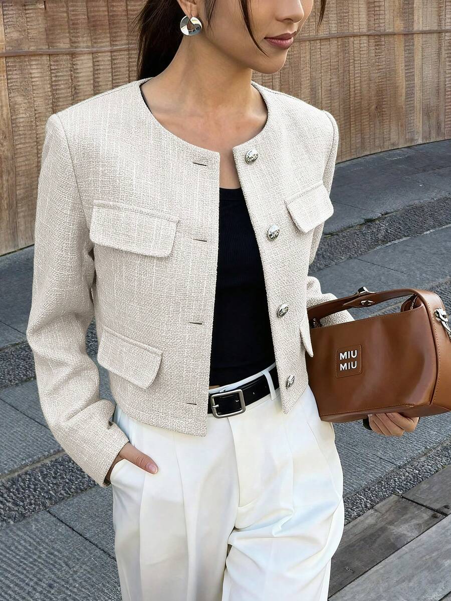 Brynlee | Round Neck Textured Button Front Jacket, Cropped Elegant Coat 9