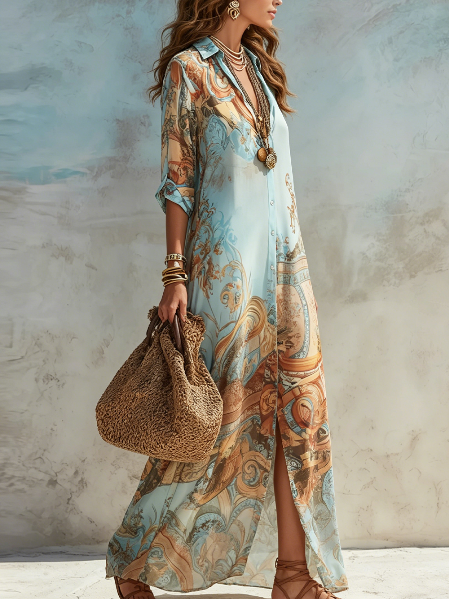 Colette | Blue Printed Shirt Midi Dress 1