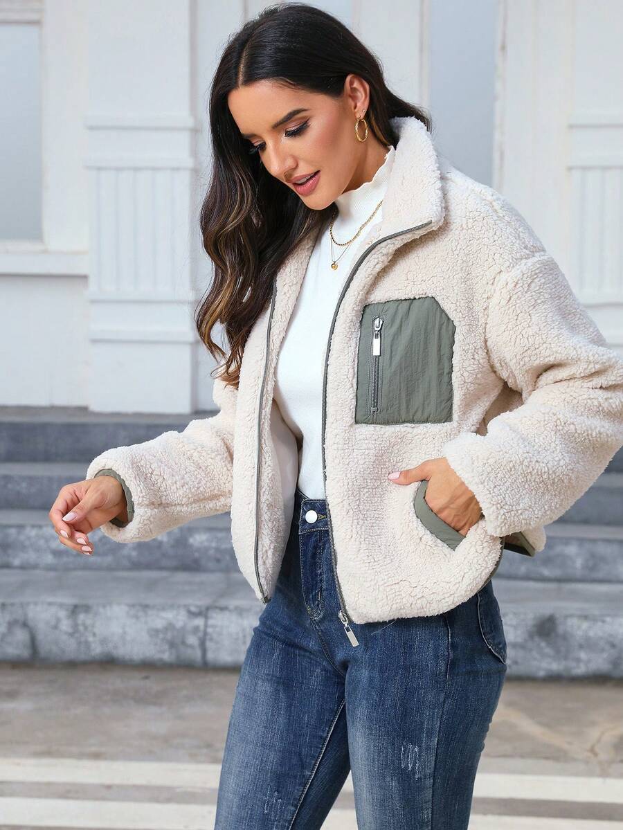 Doris | Teddy Zip Up Jacket Contrast Panel Stand Collar 0