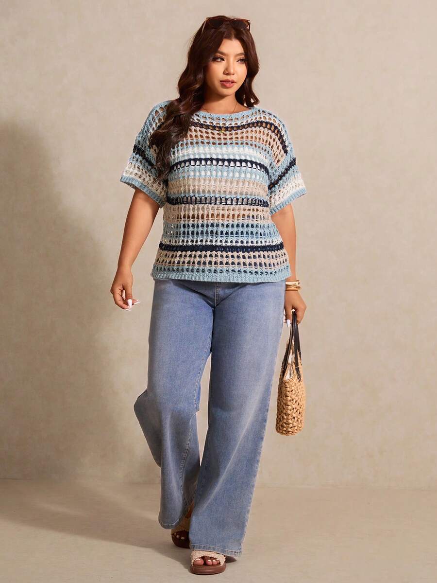 Emmalyn | Striped Open Knit Short Sleeve Top Relaxed Crochet 0