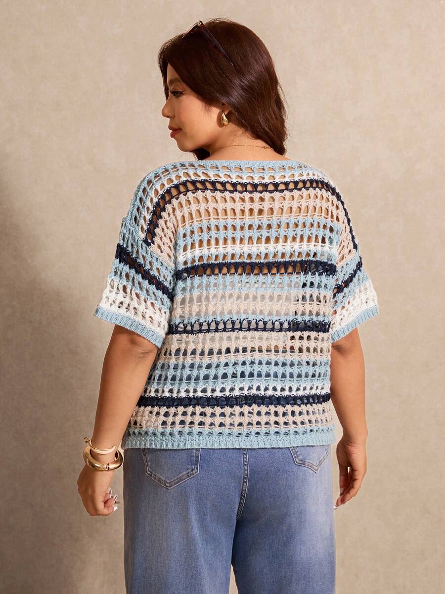 Emmalyn | Striped Open Knit Short Sleeve Top Relaxed Crochet 1