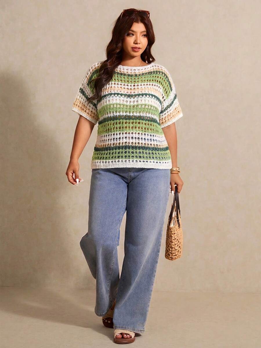 Emmalyn | Striped Open Knit Short Sleeve Top Relaxed Crochet 7