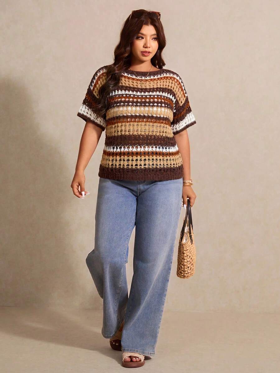 Emmalyn | Striped Open Knit Short Sleeve Top Relaxed Crochet 8