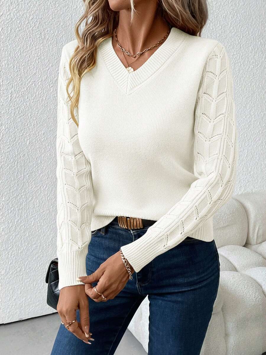 Felice | Cable Knit Sleeve V-Neck Pullover Classic Fall Sweater 6