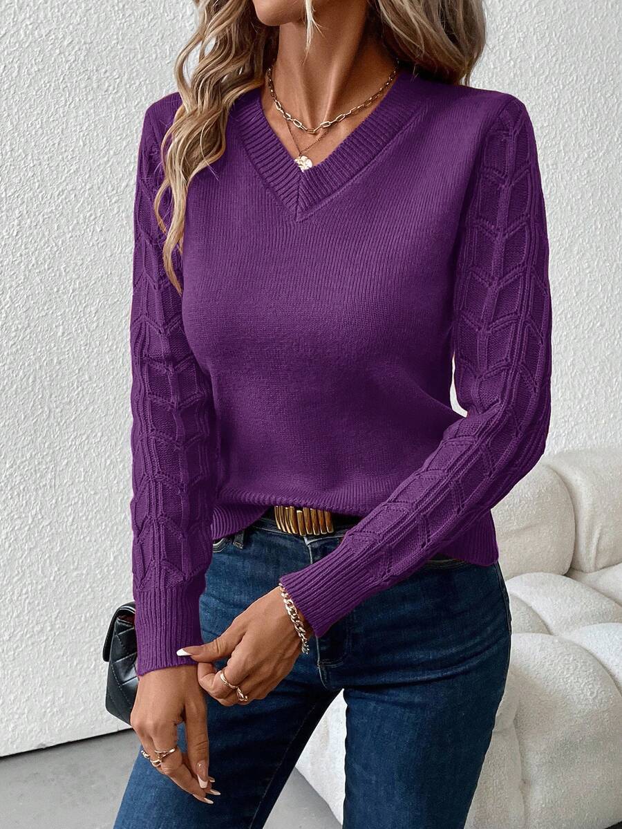 Felice | Cable Knit Sleeve V-Neck Pullover Classic Fall Sweater 7