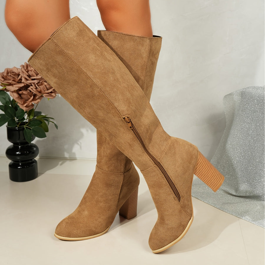Round Toe Knee High Boots with Contrast Stacked Heel