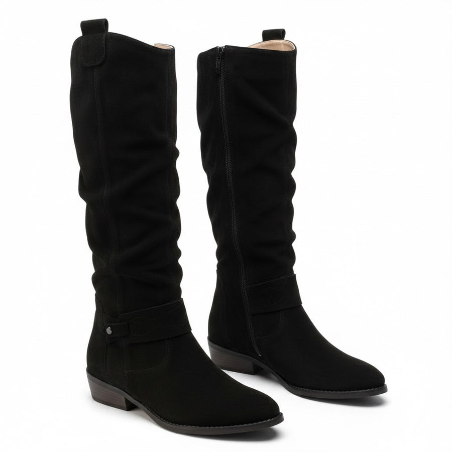 Slouch Knee High Boots with Ankle Strap and Low Heel