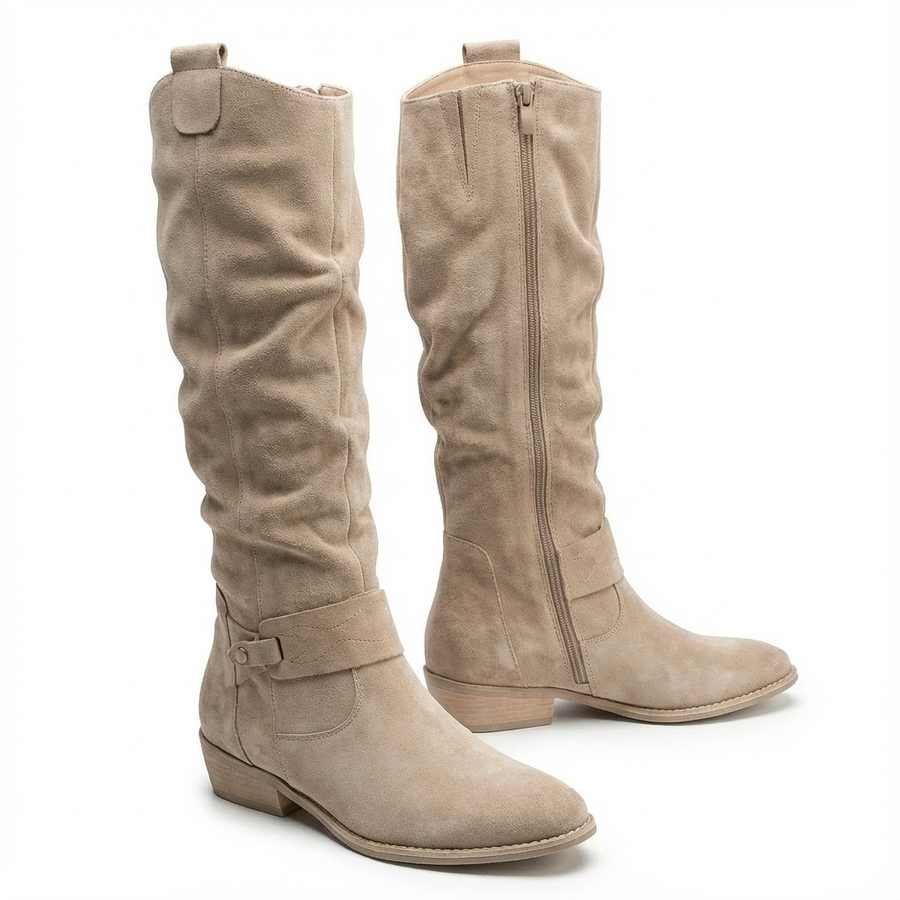 Slouch Knee High Boots with Ankle Strap and Low Heel