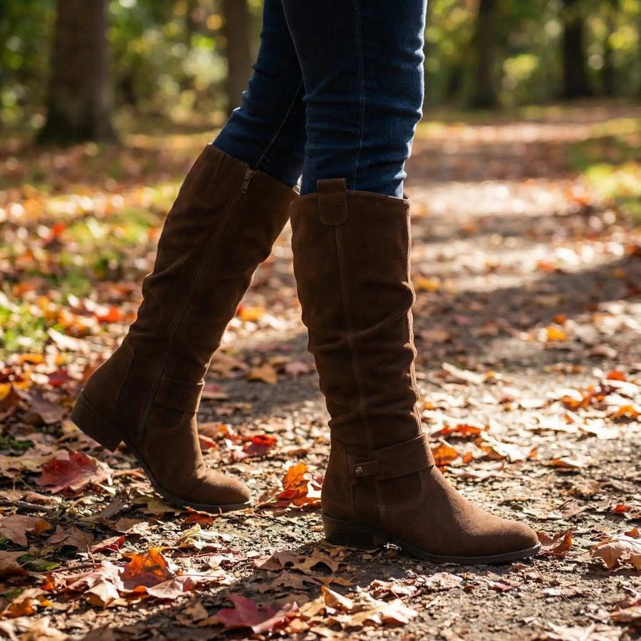 Slouch Knee High Boots with Ankle Strap and Low Heel