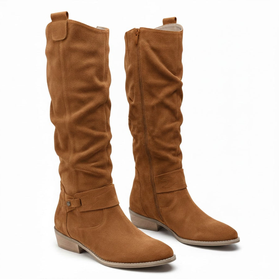 Slouch Knee High Boots with Ankle Strap and Low Heel