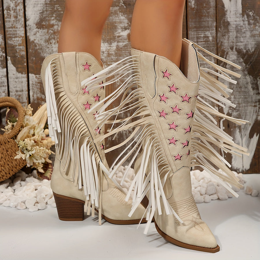 Pink Star Fringed Western Knee High Boots