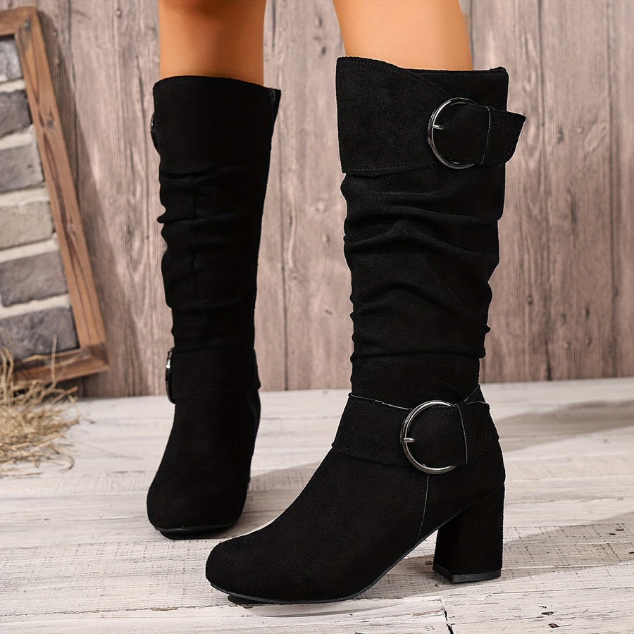 Twin Buckle Ruched Slouch Mid Calf Boots