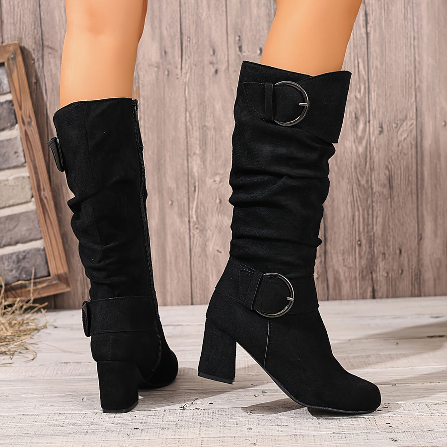 Twin Buckle Ruched Slouch Mid Calf Boots