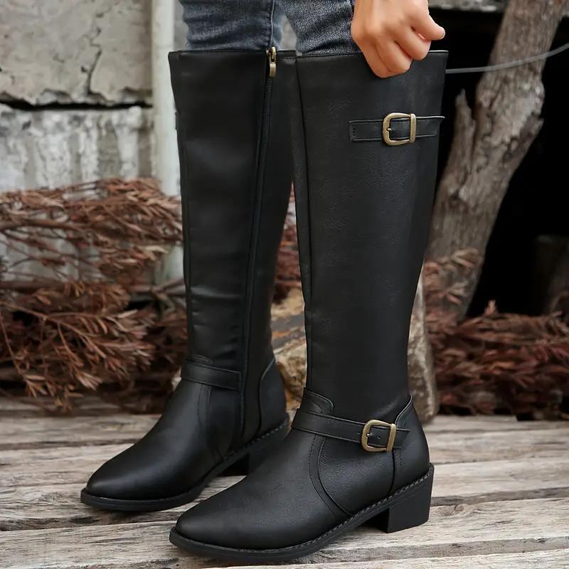 Brass Buckle Knee High Riding Boots, Inside Zip