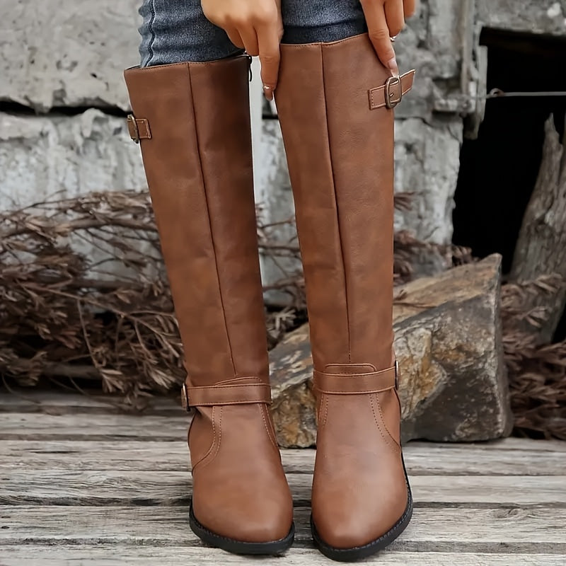 Brass Buckle Knee High Riding Boots, Inside Zip