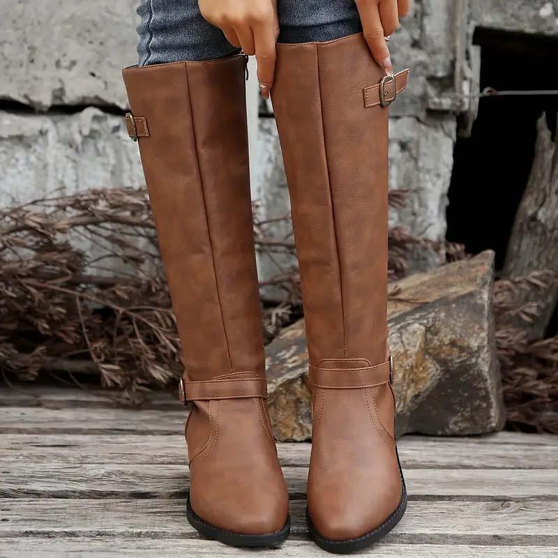 Brass Buckle Knee High Riding Boots, Inside Zip