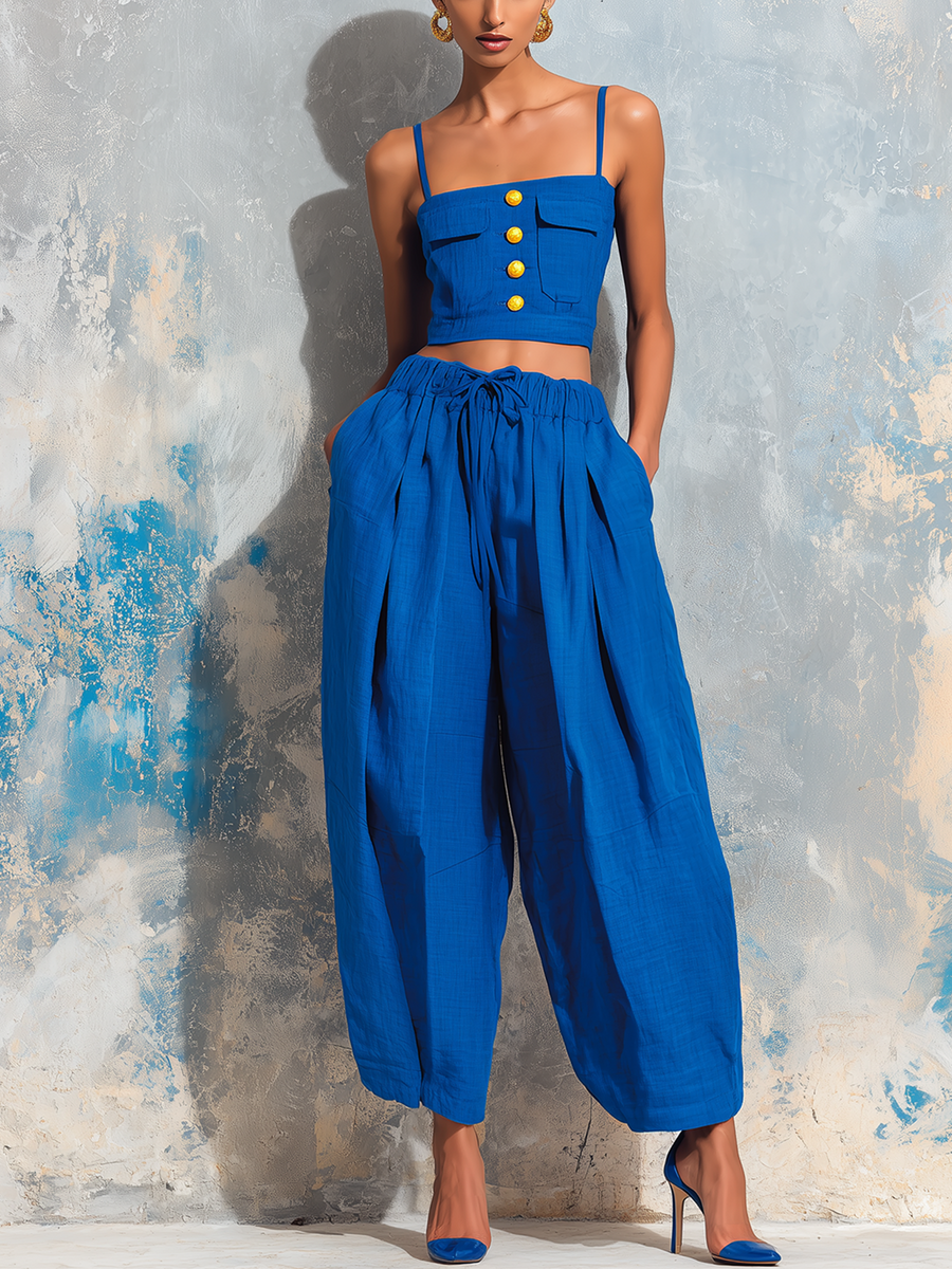 Mia | Chic Klein Blue Linen Tank Top And Wide-Leg Pants Set 0