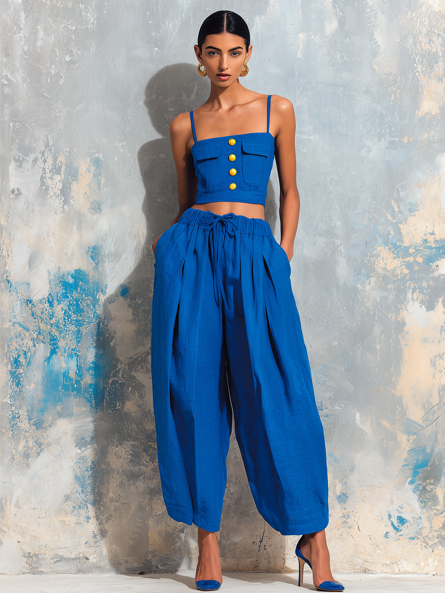 Mia | Chic Klein Blue Linen Tank Top And Wide-Leg Pants Set 1