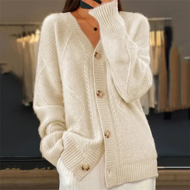 Mia | Elegant Button Front Cardigan with Diamond Knit Design 0