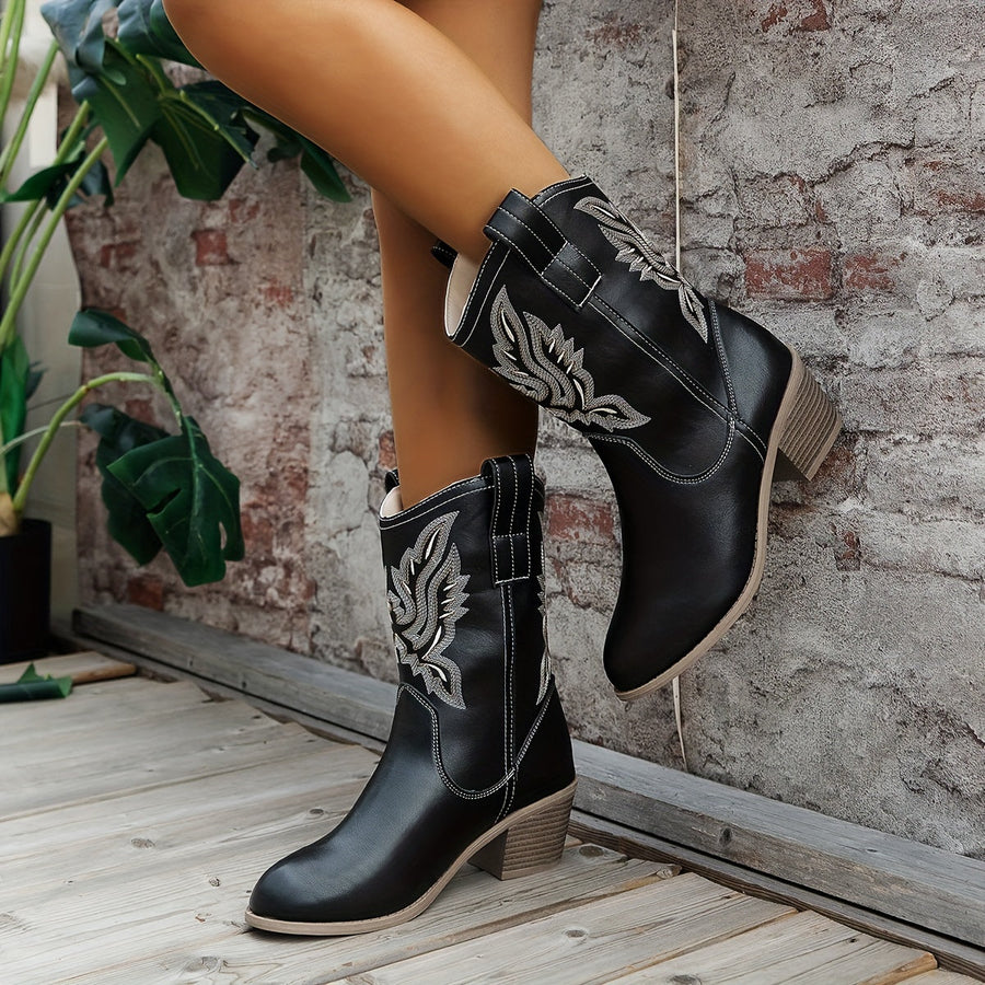 Tonal Embroidered Wide Calf Western Boots