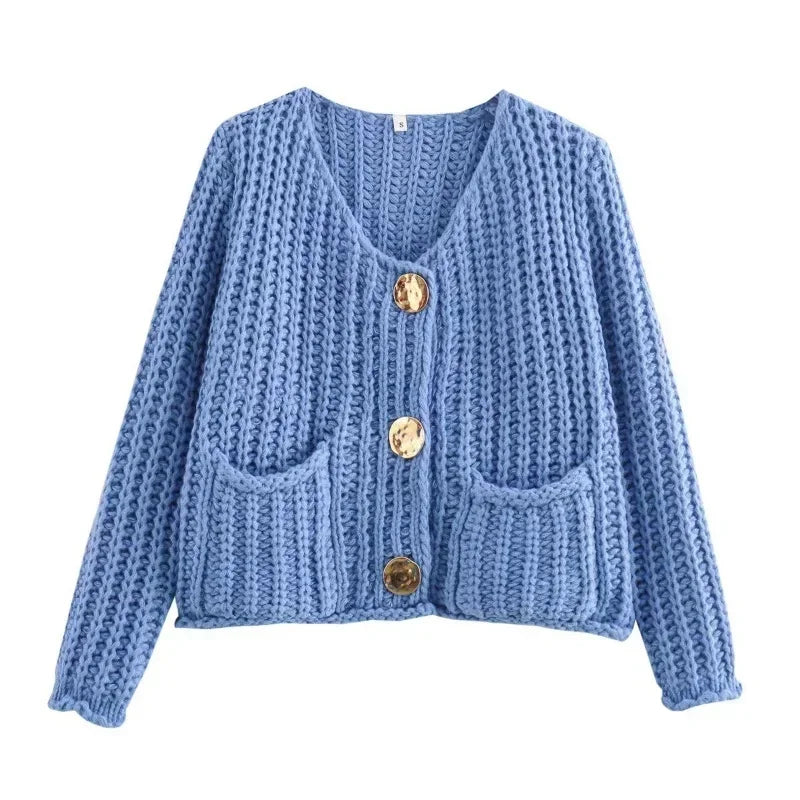 Chunky knit pocket cardigan in Sky Blue
