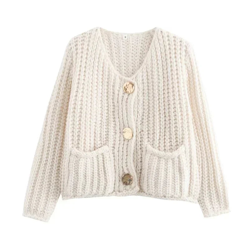 Chunky knit pocket cardigan in Beige