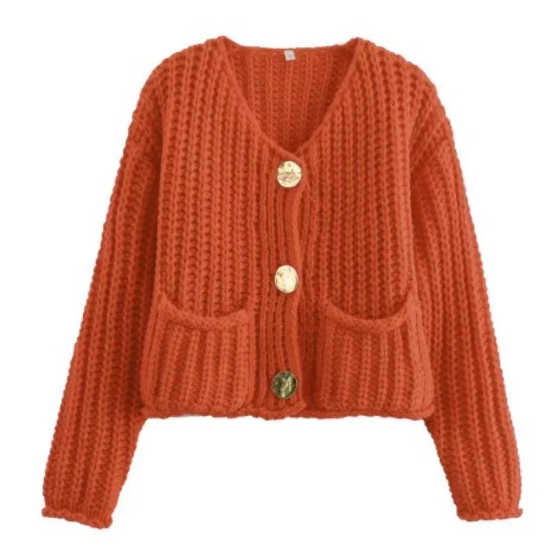 Chunky knit pocket cardigan in Orange