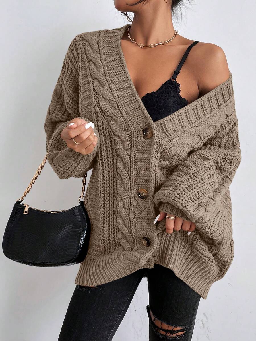 Yara | Chunky Cable Knit Button Up Cardigan with Bishop Sleeves 0