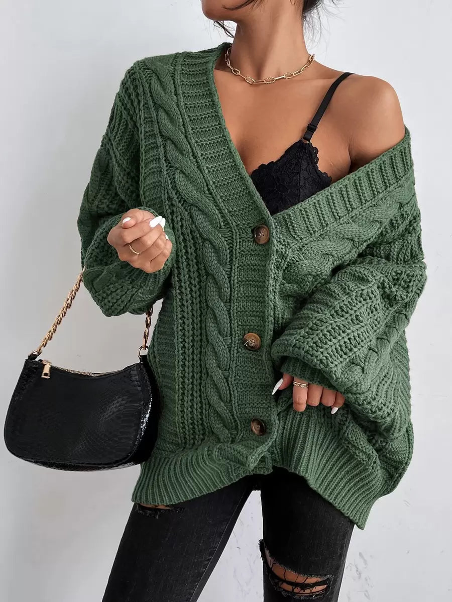 Yara | Chunky Cable Knit Button Up Cardigan with Bishop Sleeves 5