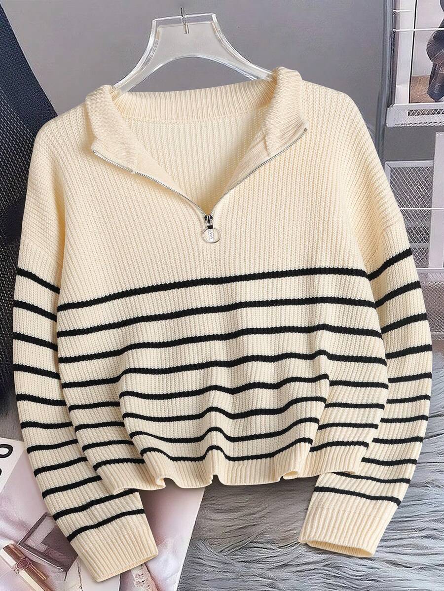Zorelle | Striped Ribbed Knit Half Zip Jumper with Stand Collar 1
