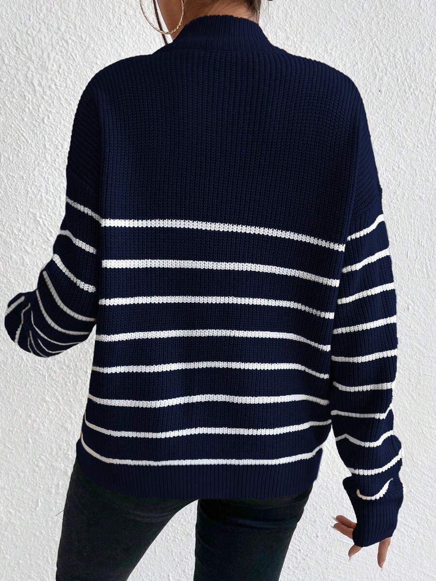 Zorelle | Striped Ribbed Knit Half Zip Jumper with Stand Collar 3