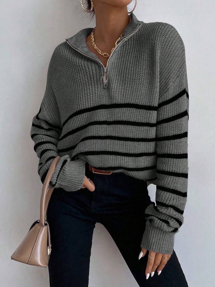 Zorelle | Striped Ribbed Knit Half Zip Jumper with Stand Collar 6