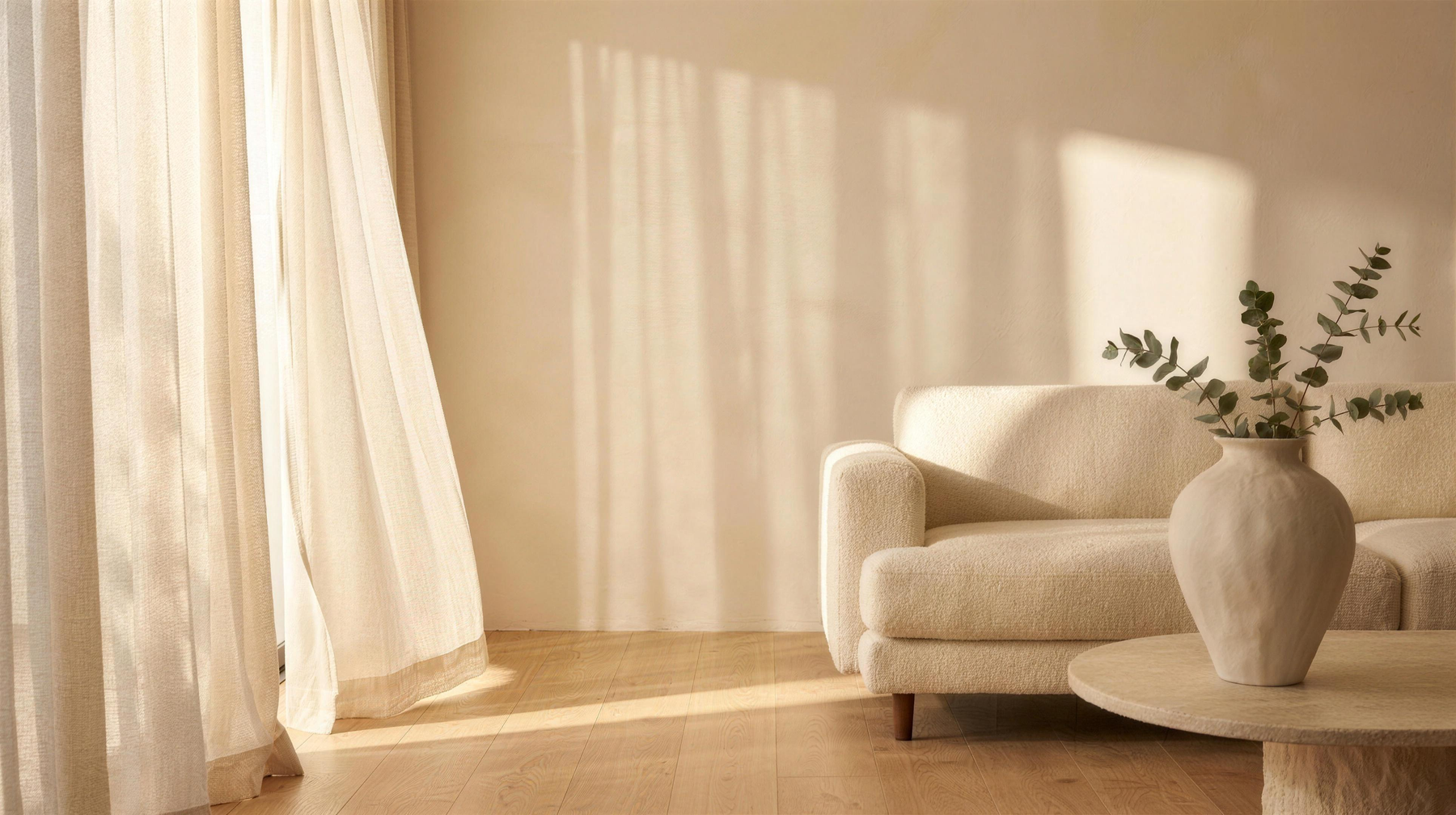Serene sunlit modern living space with linen curtains at golden hour