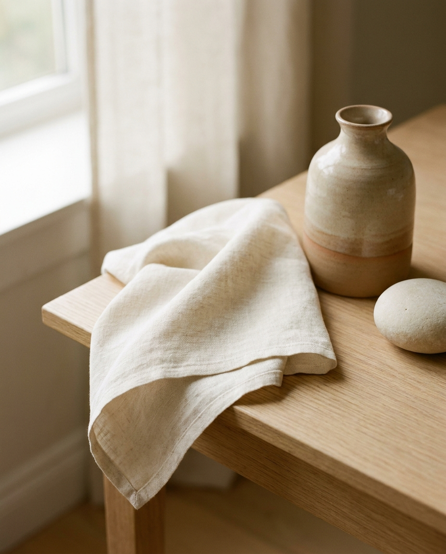 Soft ivory linen, ceramic and stone textures in warm morning light
