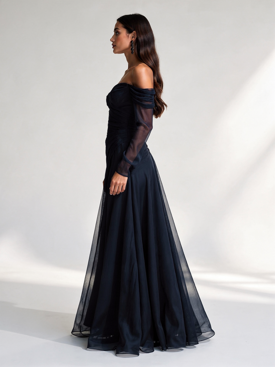 Navy blue off-shoulder chiffon maxi dress, side profile view
