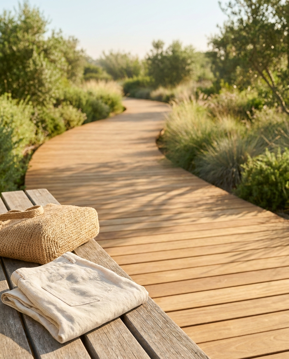 Sunlit wooden path through soft morning light and greenery