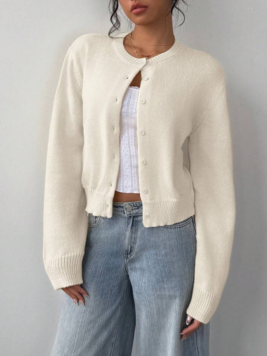 Adeline | Round Neck Button Front Cardigan, Cropped Everyday Knit 0