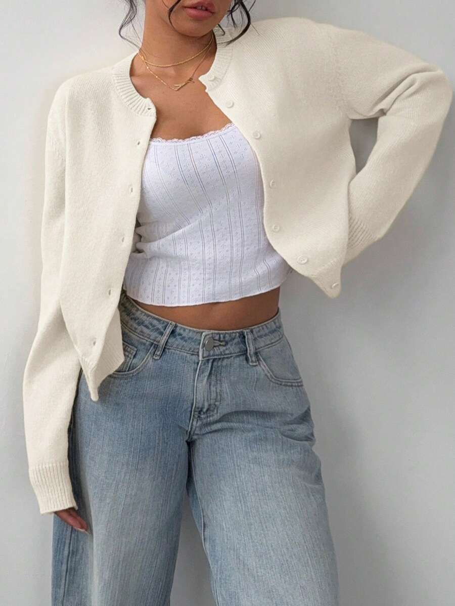 Adeline | Round Neck Button Front Cardigan, Cropped Everyday Knit 3
