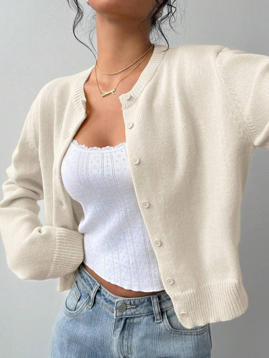 Adeline | Round Neck Button Front Cardigan, Cropped Everyday Knit 5