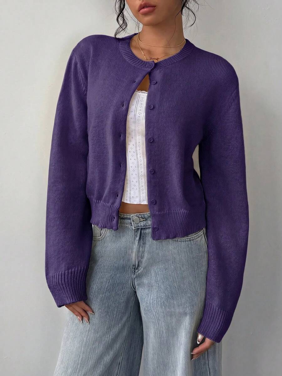 Adeline | Round Neck Button Front Cardigan, Cropped Everyday Knit 7