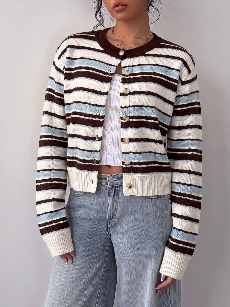 Adeline | Round Neck Button Front Cardigan, Cropped Everyday Knit 8